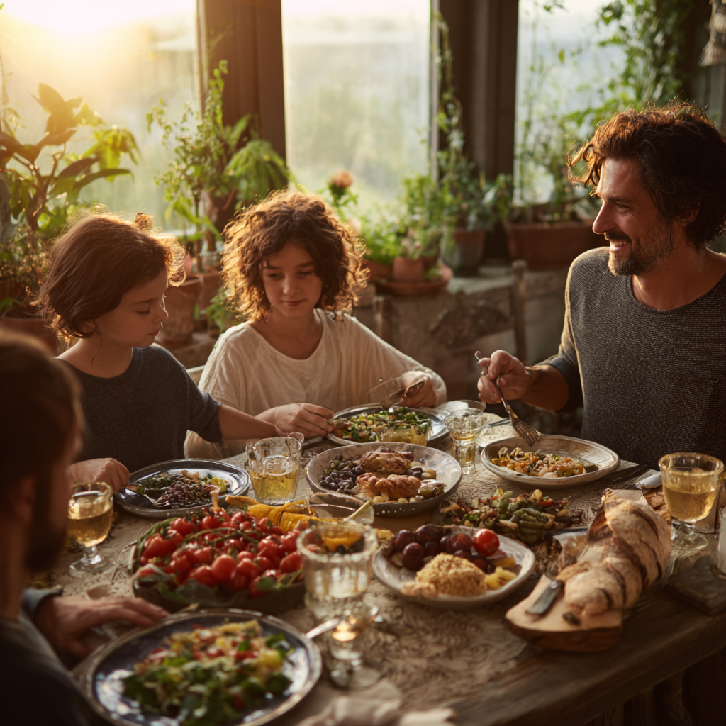 Happy Romanian family of different ages sharing a nutritious meal in a peaceful dining room
